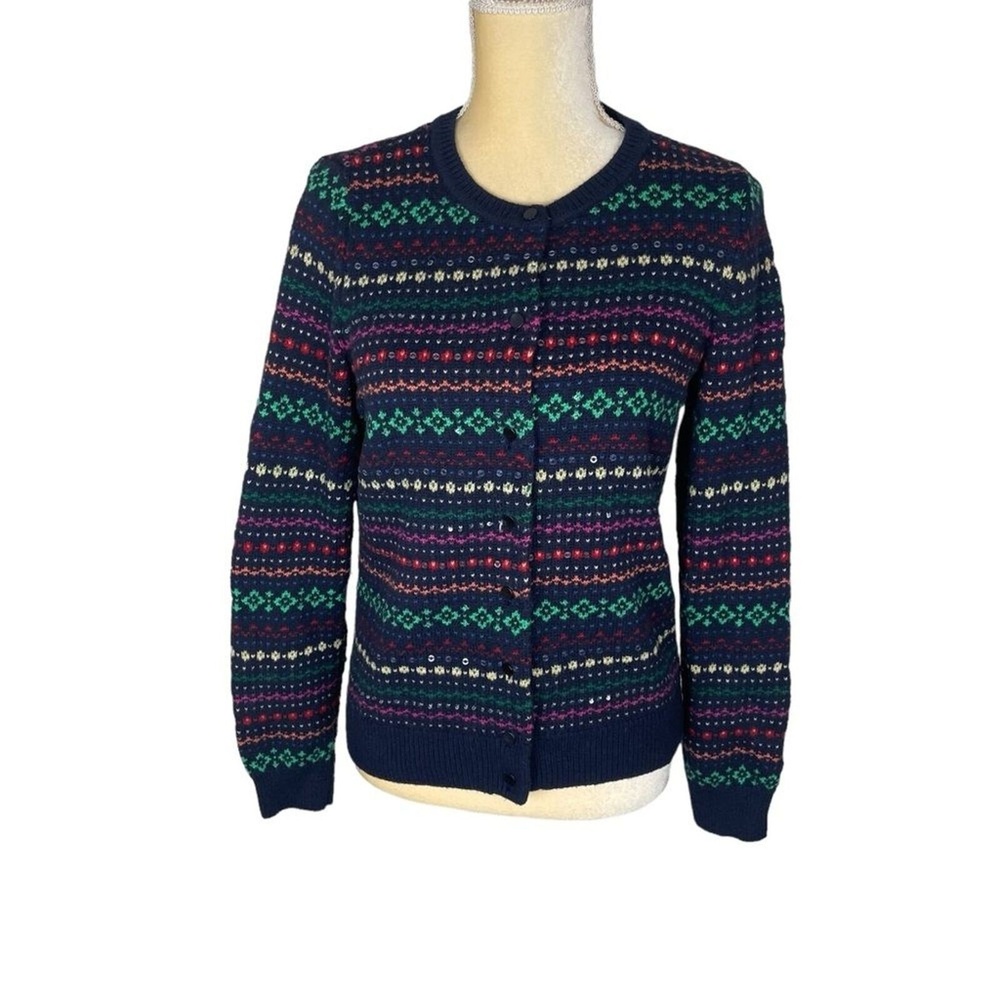Talbots Navy Lambswool Blend Fair Isle Sequin Cardigan Sweater Size Medium‎